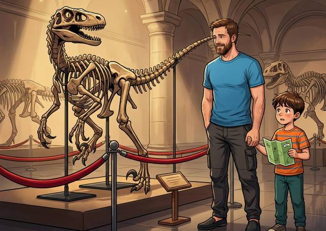 Una ilustración de Álvaro y los Dinosaurios del Museo