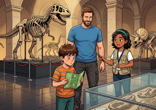 Una ilustración de Álvaro y los Dinosaurios del Museo