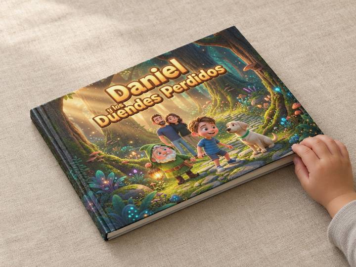El cuento personalizado impreso en tapa dura, sobre una mesa